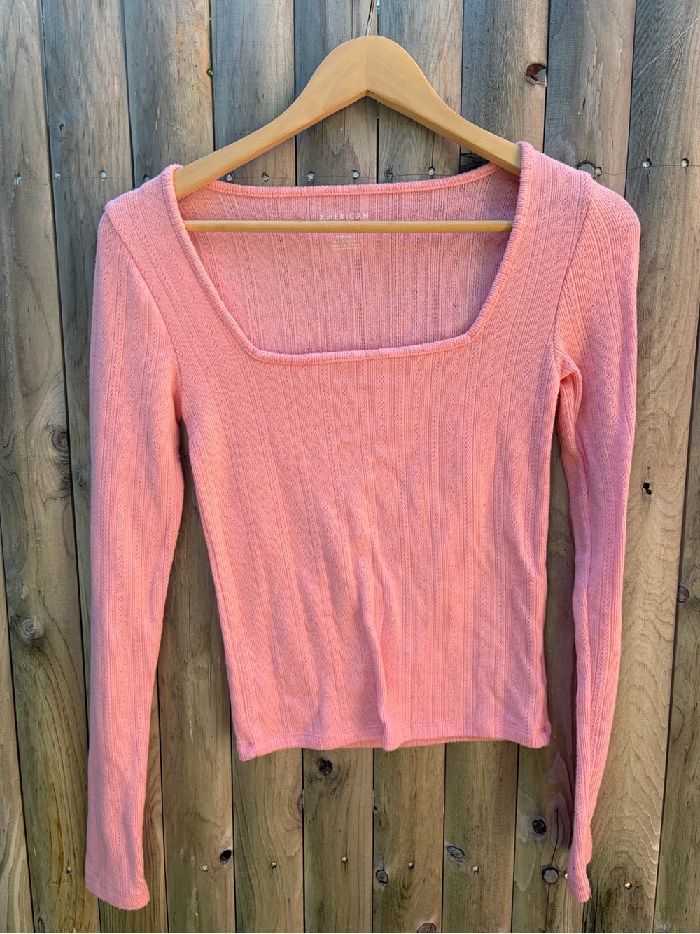 American Eagle Outfitters Coral Pink Ribbed Square-Neck Long Sleeve Top
